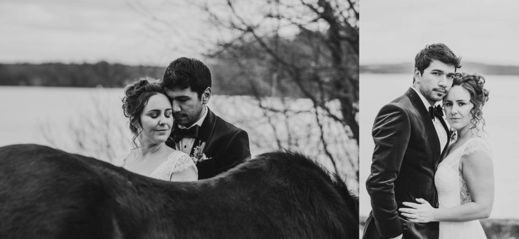 Two images of bride and groom standing close together, one behind a horse and one looking at the camera intently
