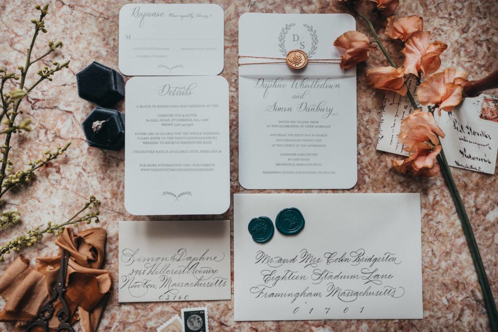 Image of invitation set with wax stamps, ring and ring box