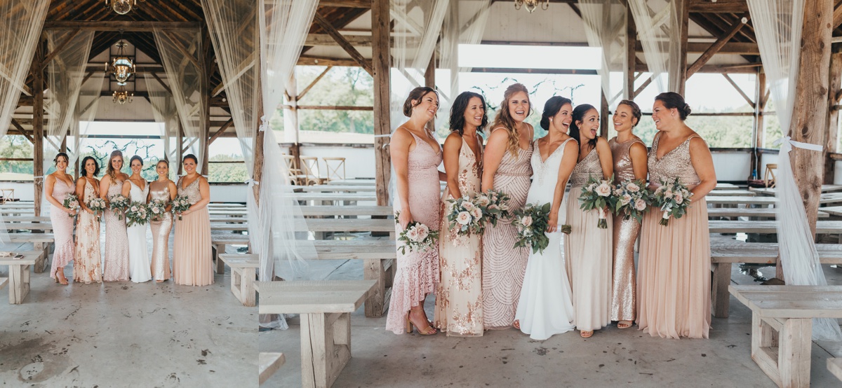 Blush, silver and gray bridesmaids dresses
