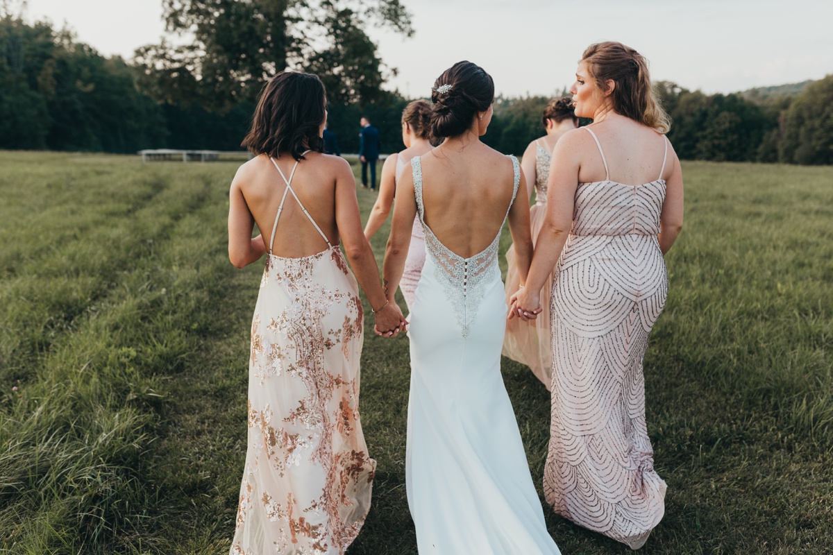 Blush, silver and gray bridesmaids dresses