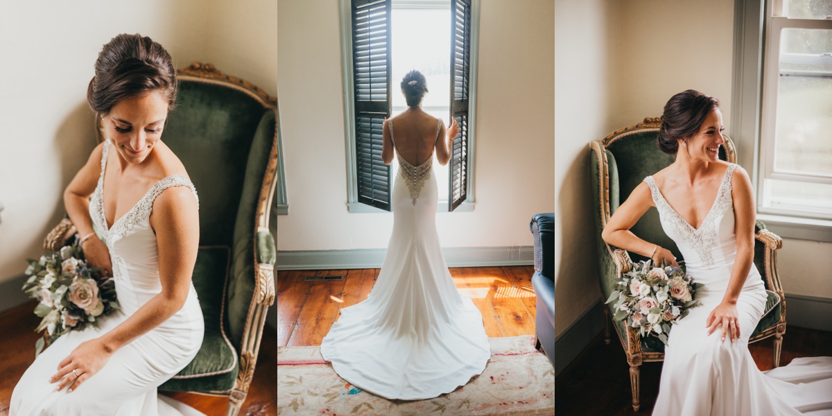 Bride in a satin gown with bead detailing from Pearl Bridal Boutique