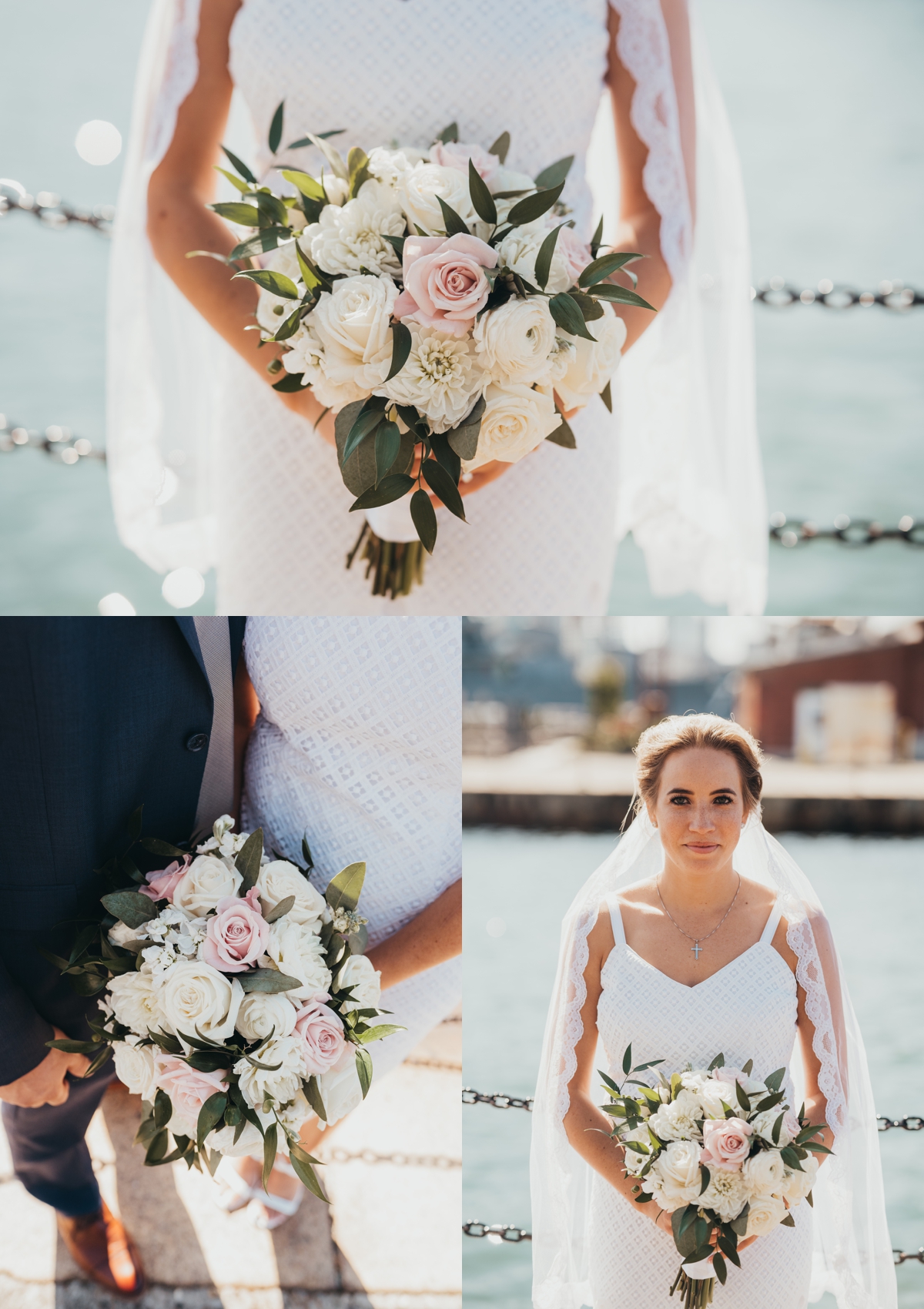 Bridal bouquet with white and blush roses, ranunculus and dahlias