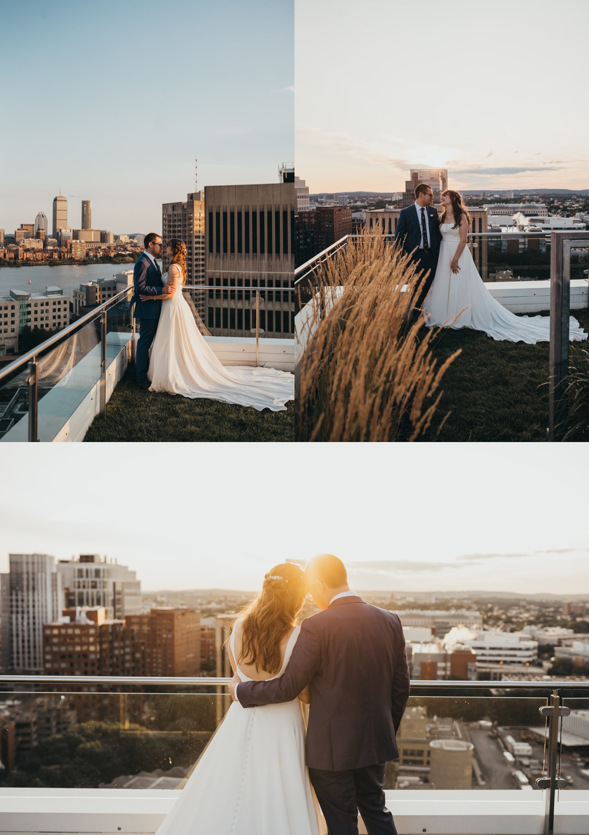 Rooftop wedding pictures overlooking downtown Boston