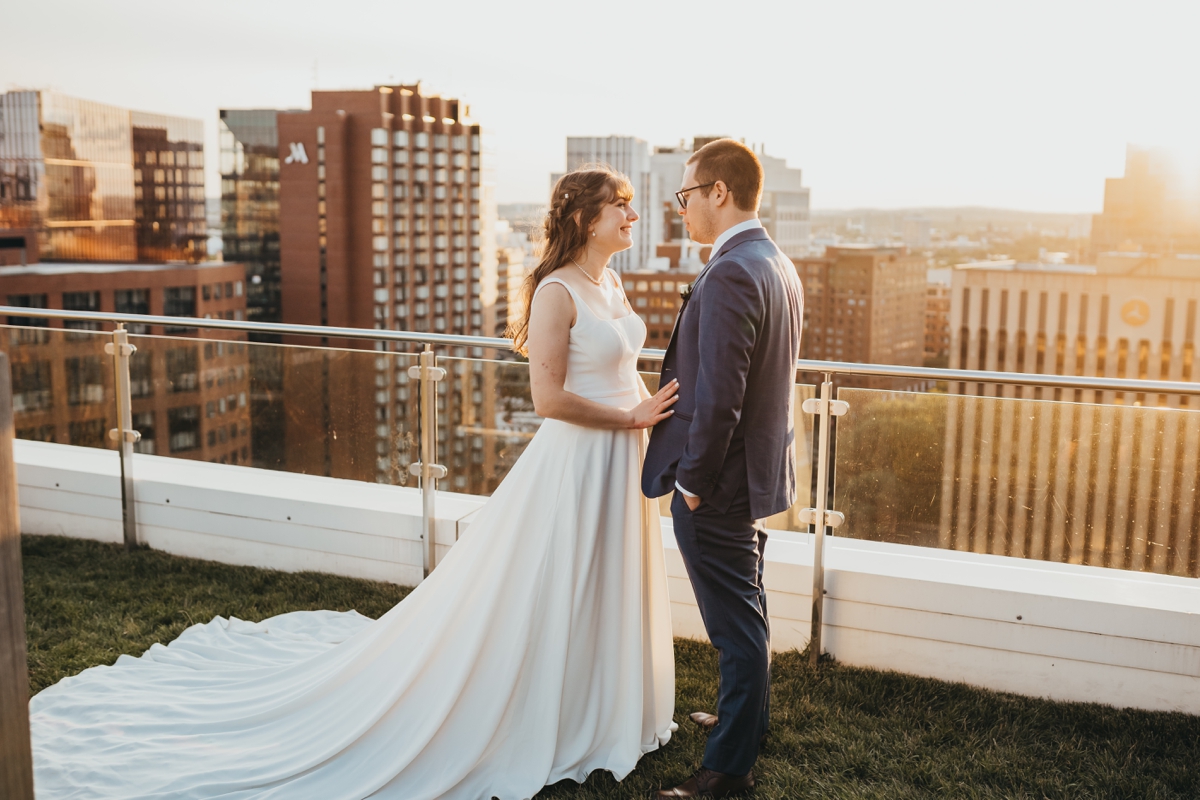 Rooftop bride and groom portraits at The Commonwealth Cambridge 
