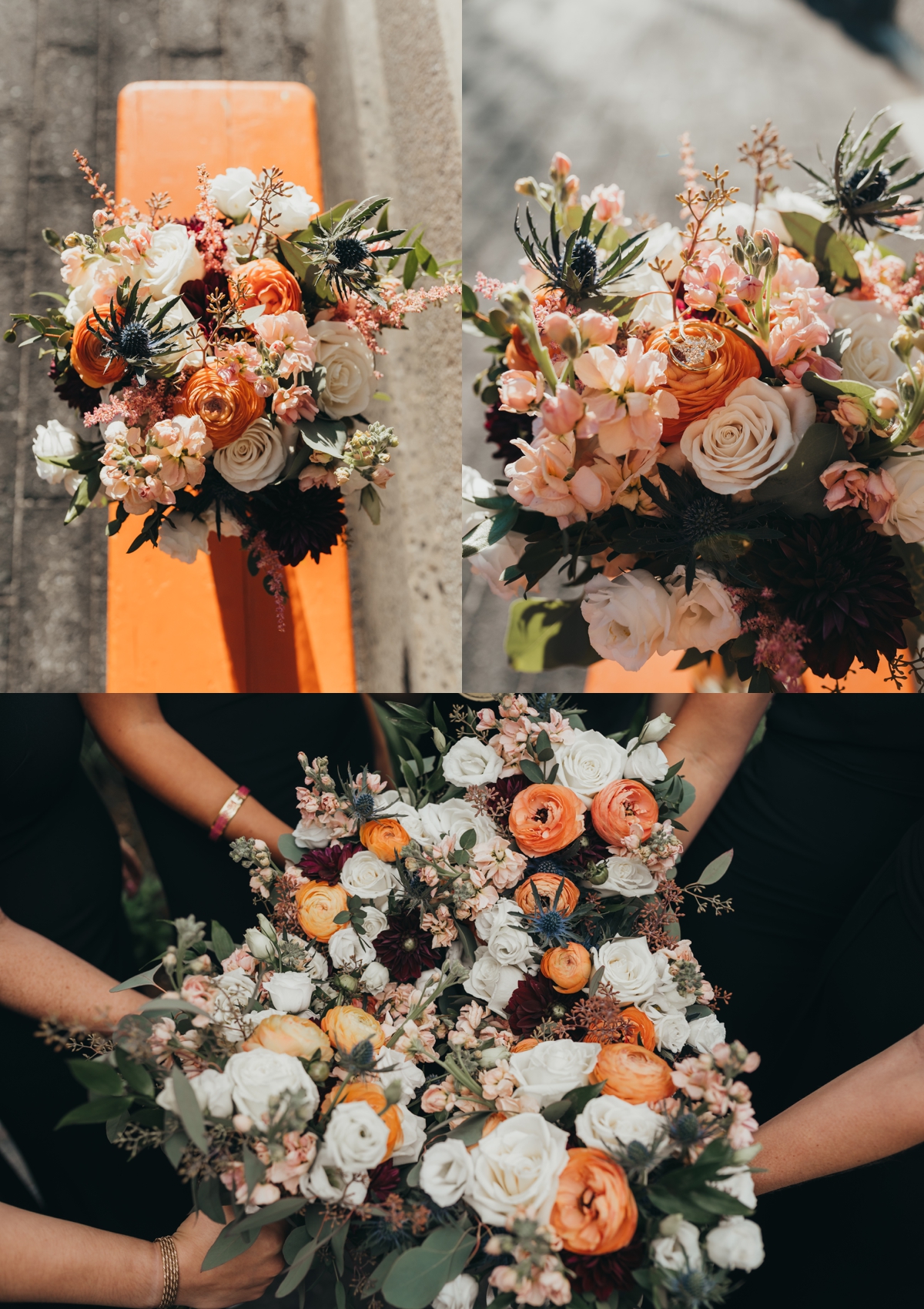 Wedding bouquets with orange ranunculus, white roses and burgundy dahlias