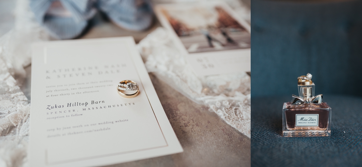 close up photos of wedding rings and invitations