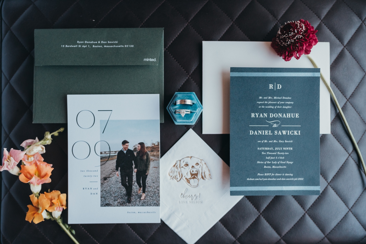 black, green and blue wedding invitations and details