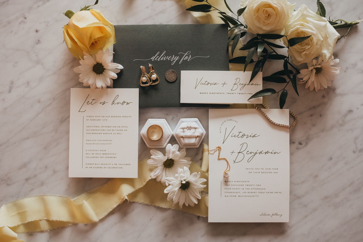 photo of yellow and green wedding invitation suite
