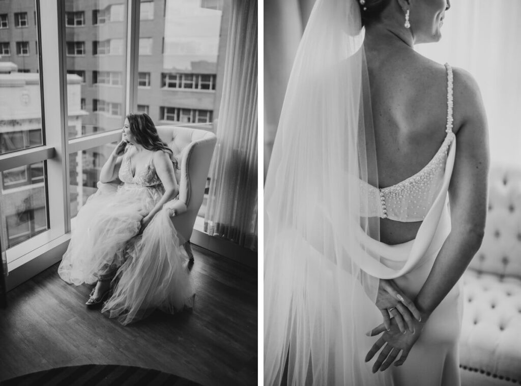 Brides on their wedding day captured in black and white photography
