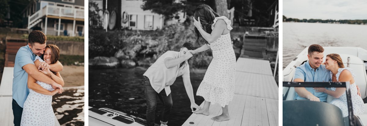 A couple standing on a boat dock, smiling and laughing.