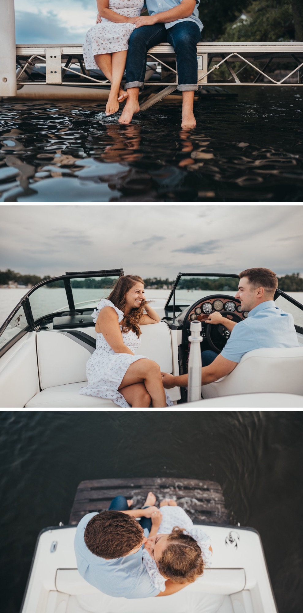 A couple sitting on a boat together, smiling and laughing as they drive.