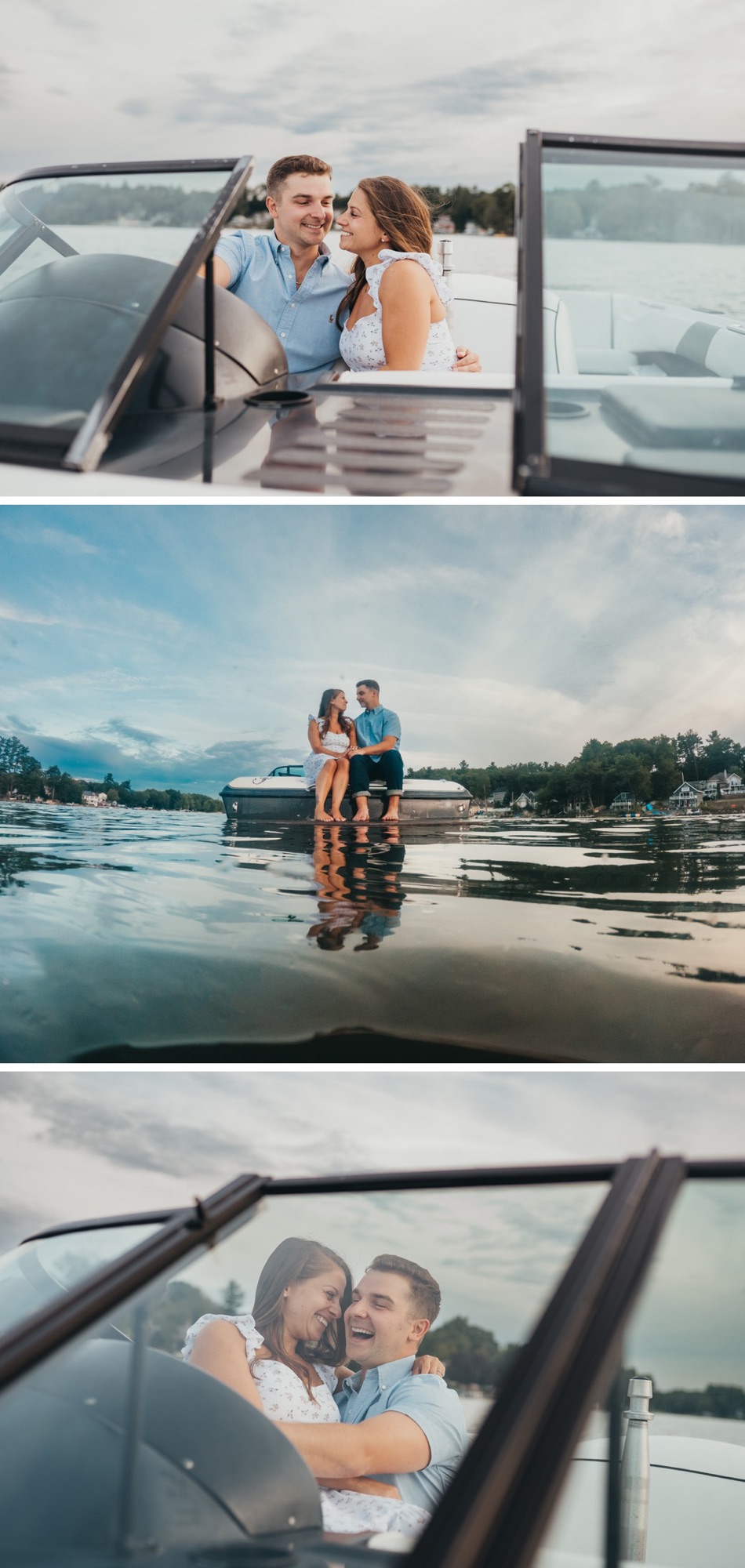 A couple sitting together while driving a boat and cuddling.