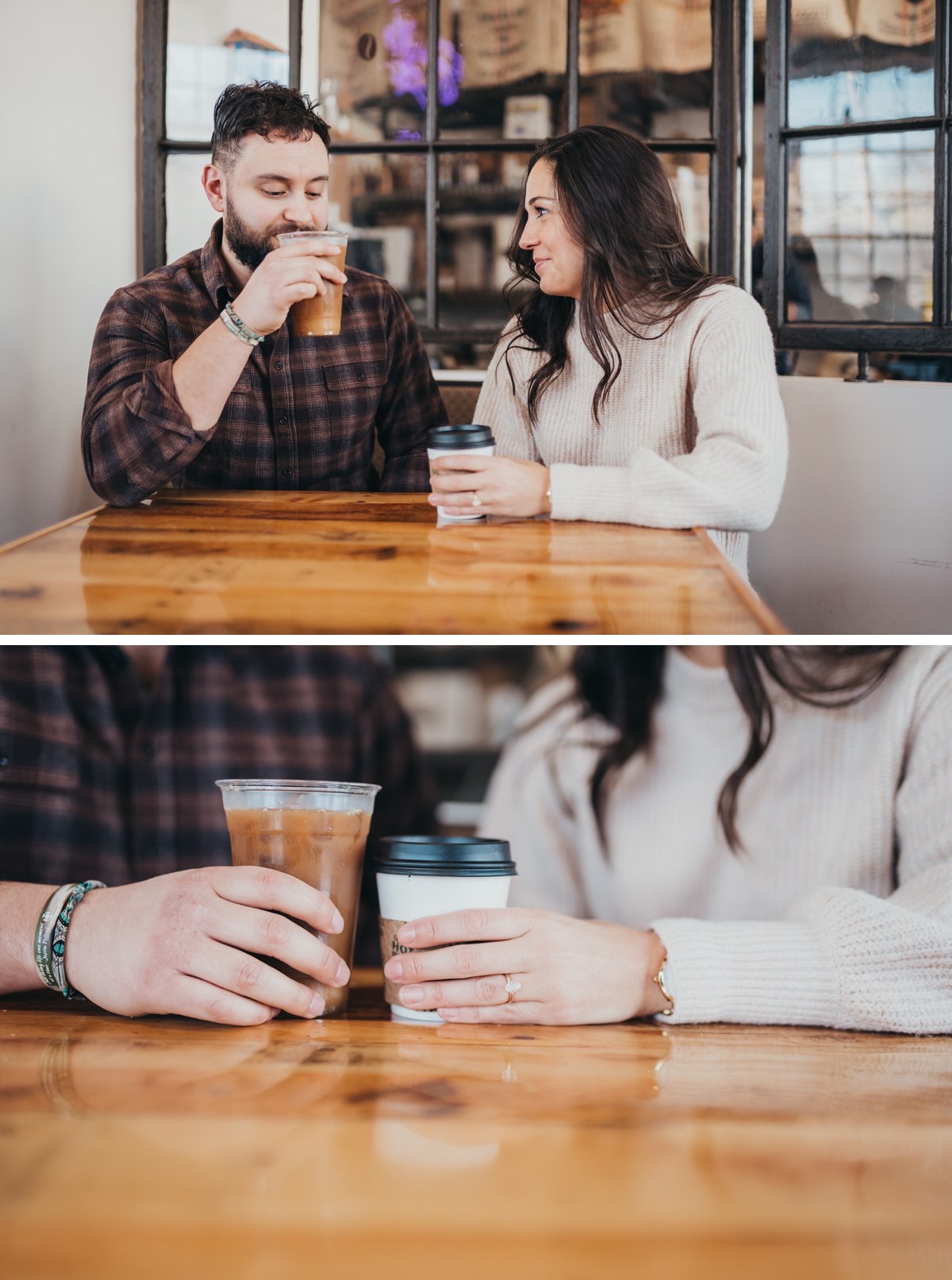 A close up detailed shot of two hands holding coffee cups, with emphasis on the engagement ring.