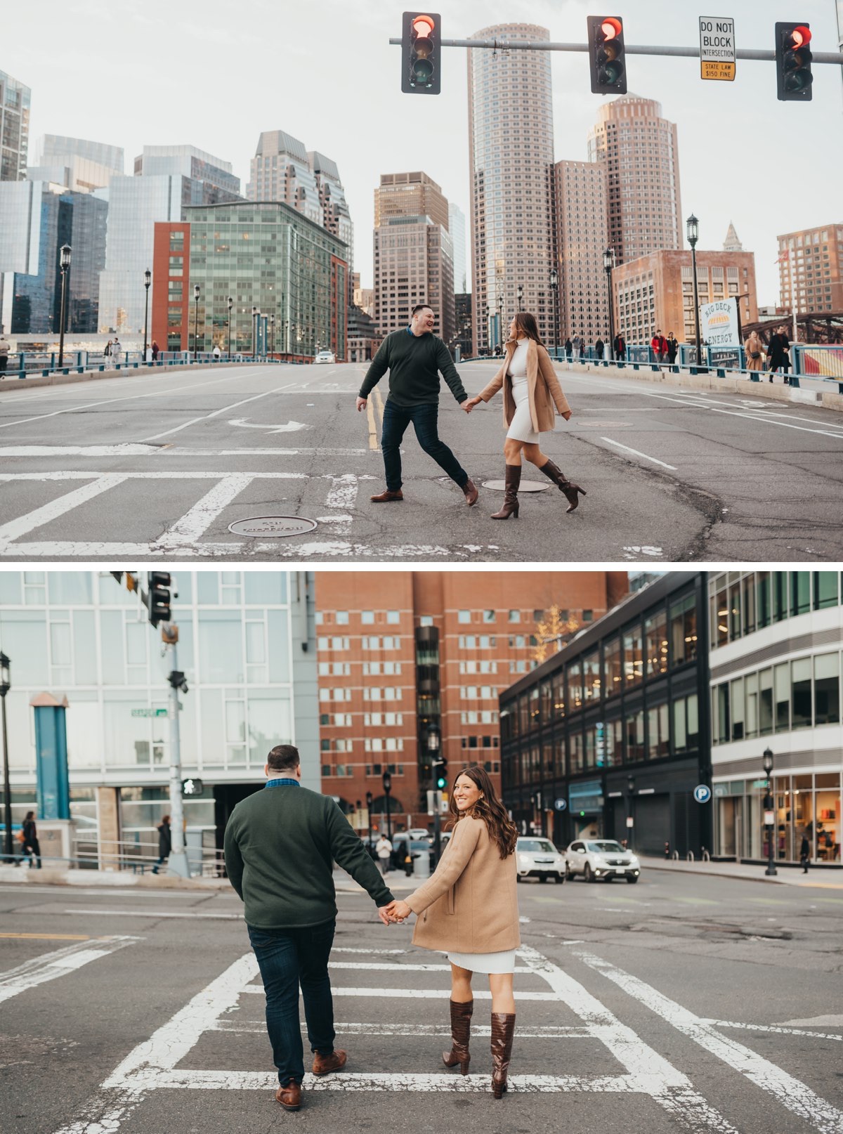 Couple walking hand in hand in a cross walk in Boston.