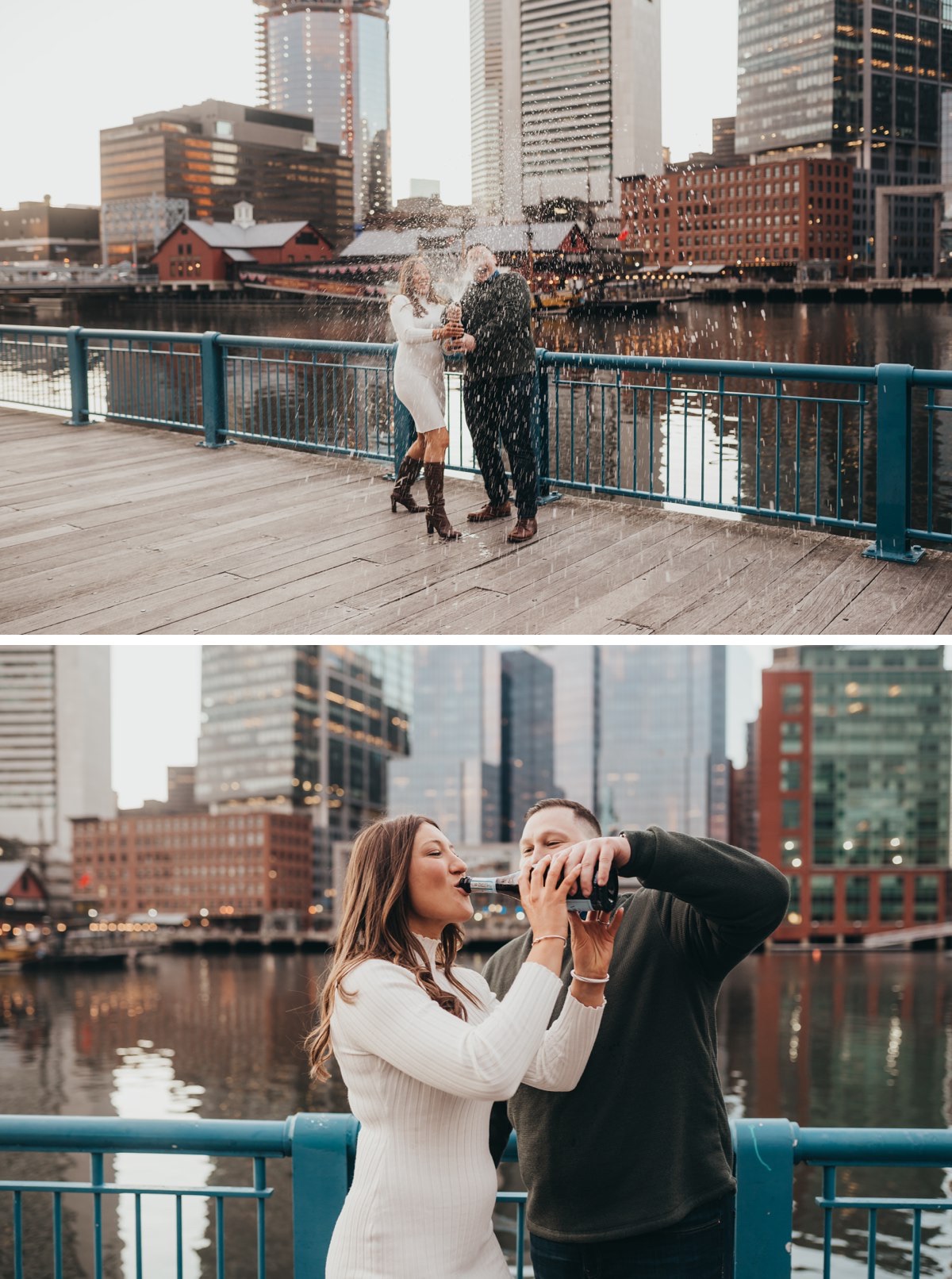 A couple spraying champagne towards the camera in the Boston seaport.