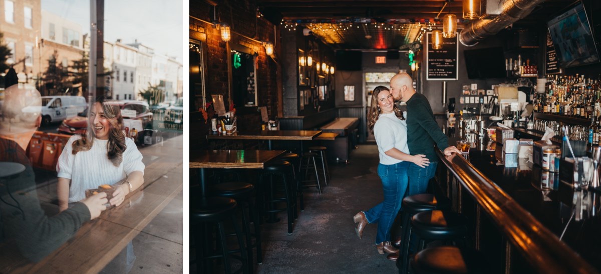 A couple standing together and laughing inside an empty bar.