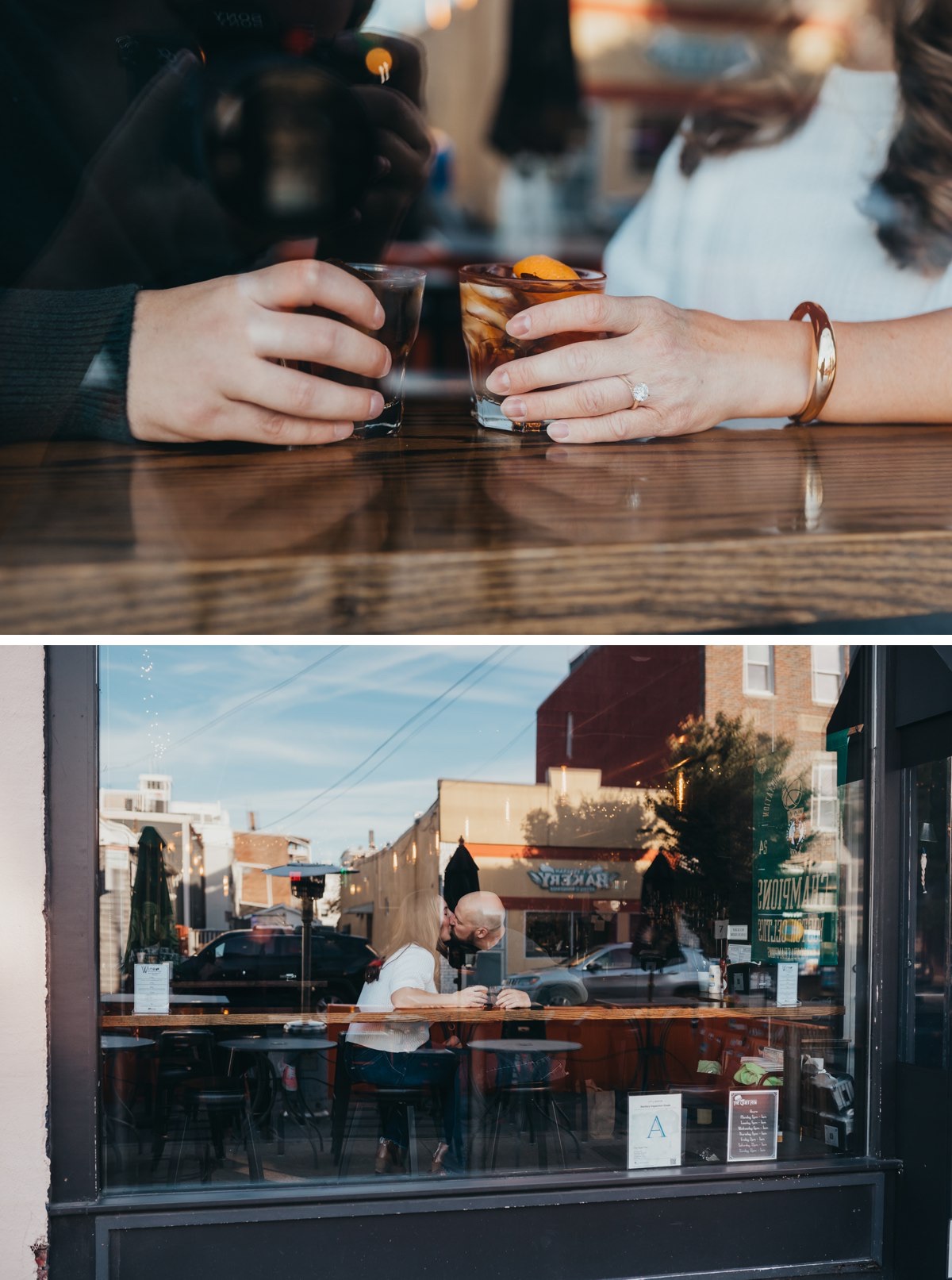 A close up, detailed shot of two hands holding mixed drinks, with the engagement ring visible.