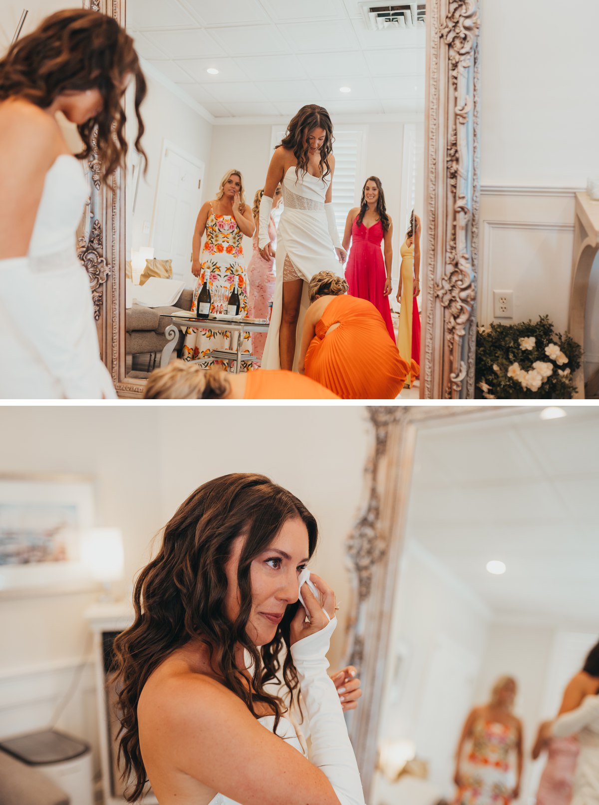 Bride putting wedding dress on at Regatta Place in Newport Rhode Island
