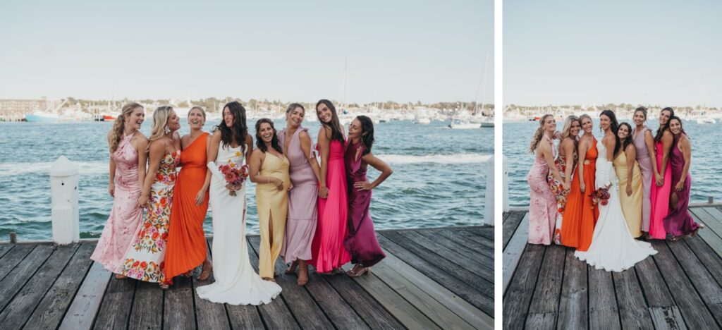 Bridesmaids in colorful dresses stand for photos in Newport Rhode Island