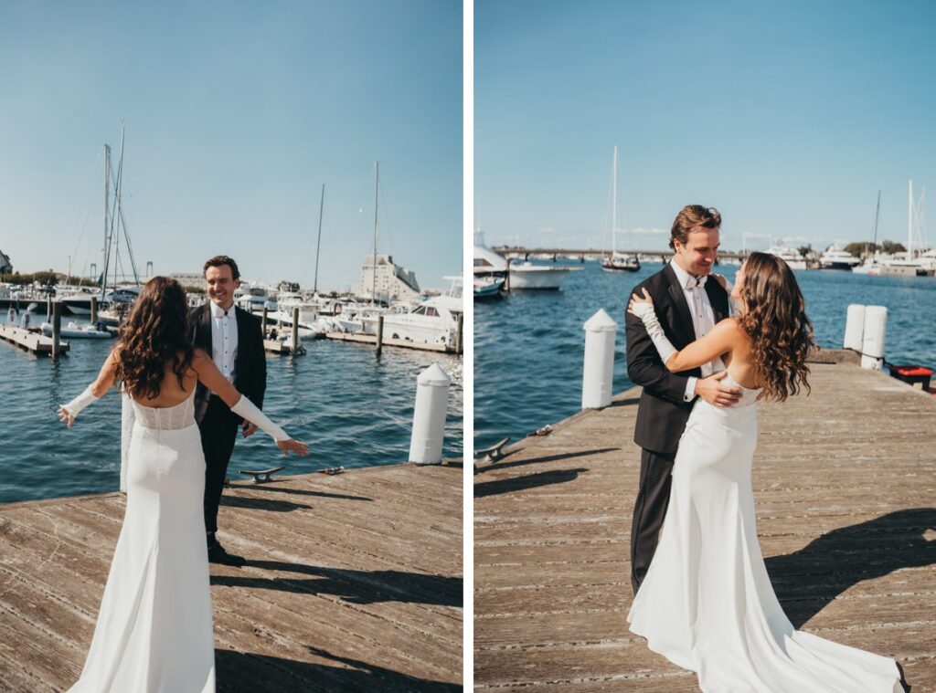 Couple doing a first look at their summer wedding in Newport Rhode Island