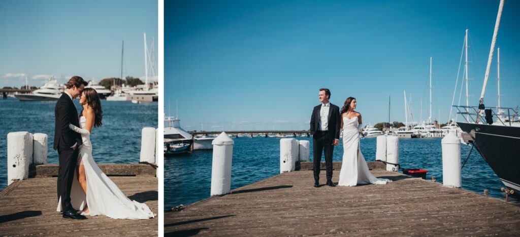 Couple taking photos on the docks at Regatta Place on their wedding day