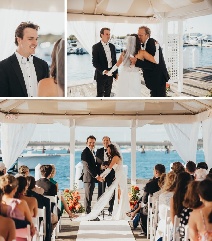 Couple laughs during their wedding ceremony at Regatta Place in Newport Rhode Island