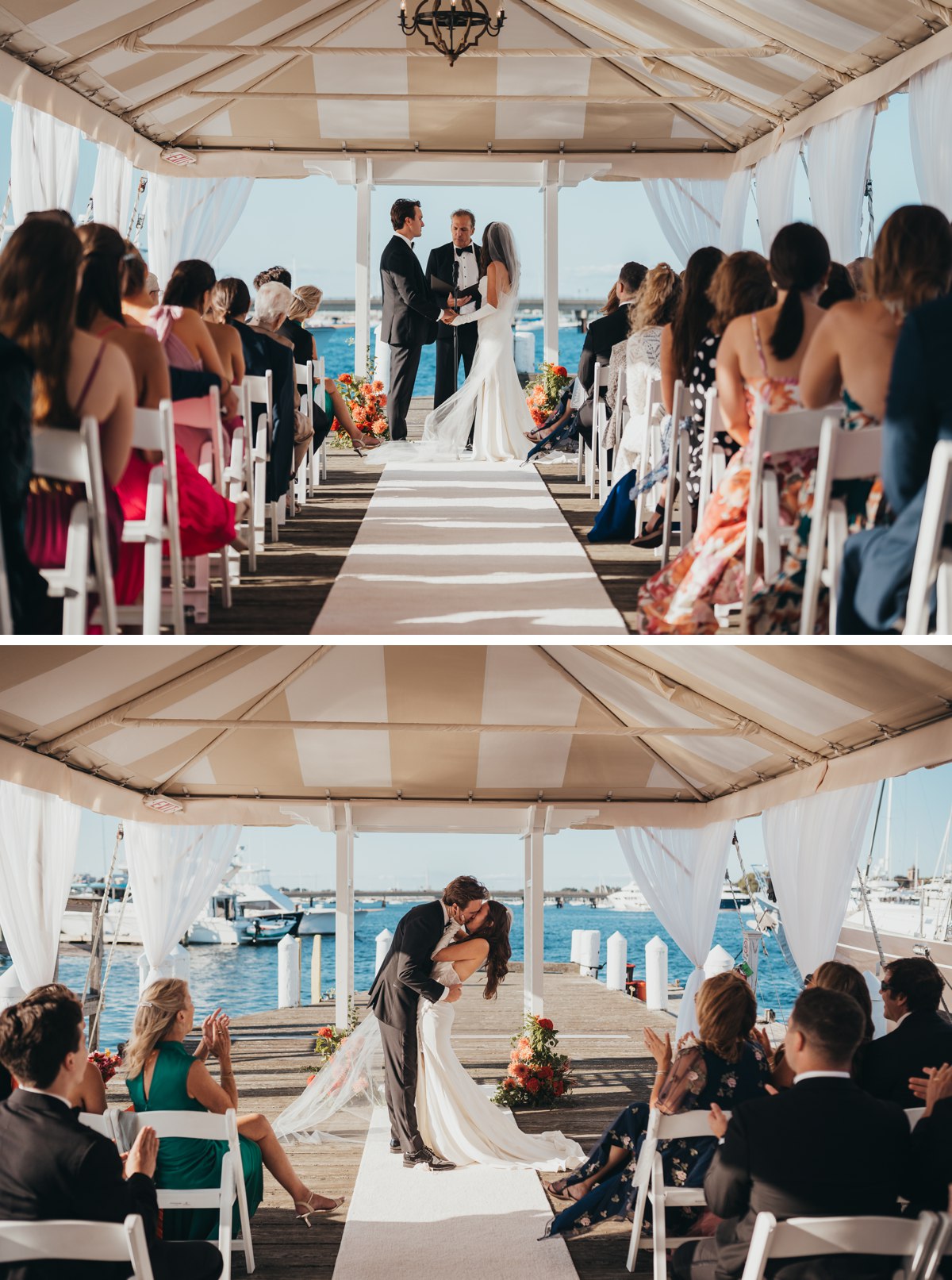 Couple kisses at the end of their summer wedding ceremony in Newport Rhode Island