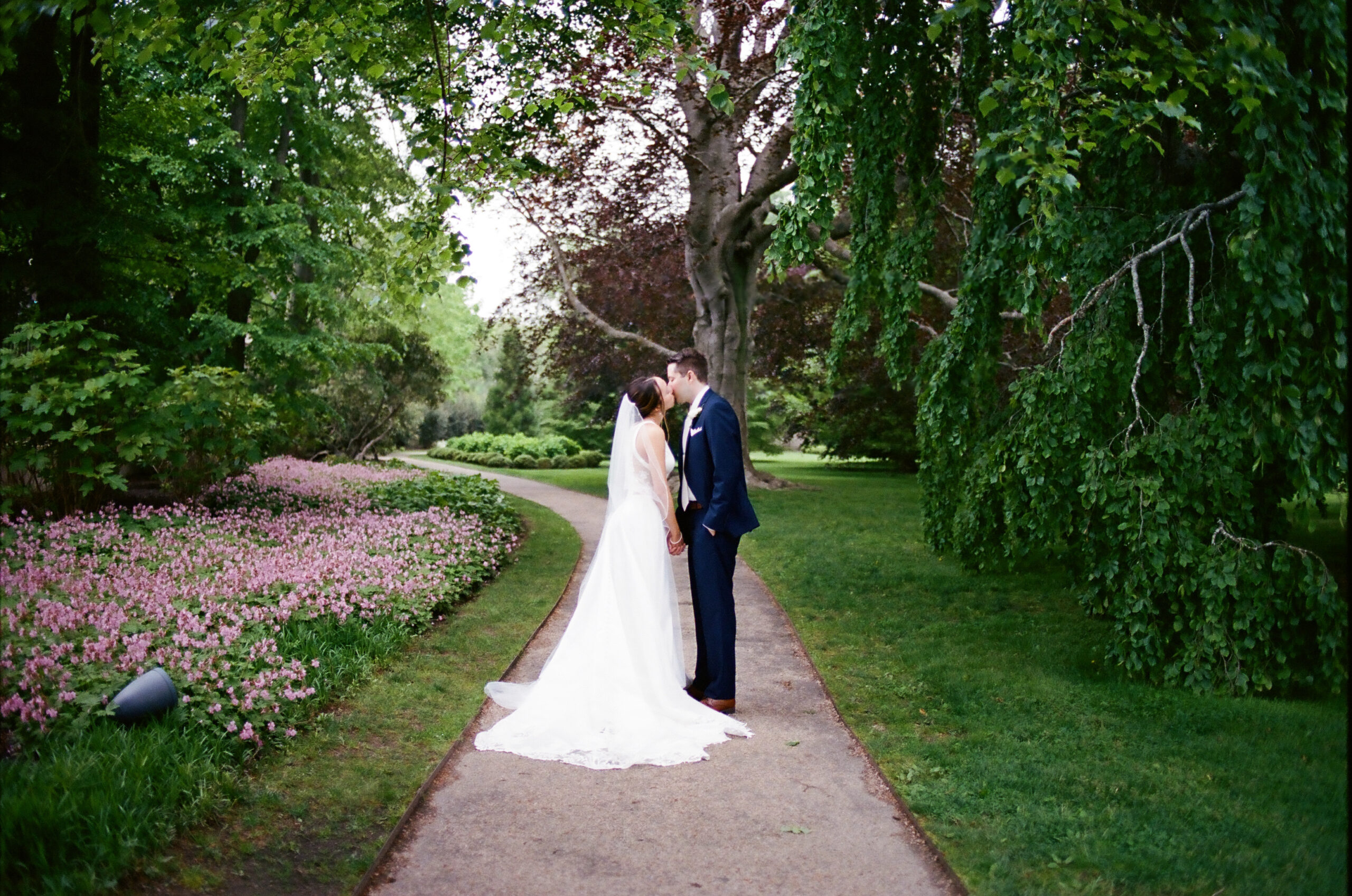 A couple stand together in a wedding dress and suit under an arbor of green trees kissing.